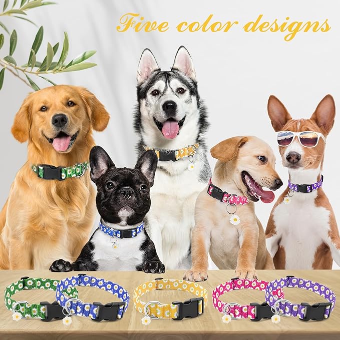 BiPawTi Floral Dog Collars for Medium Dog - Soft Cute Dog Collars for Girls Dog Pretty Flower Collar with Daisies Charms, Gift for Female Male Boys Girls Dogs (M, Yellow)
