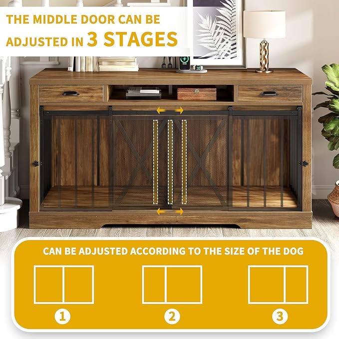 DWVO 63 Inch Double Dog Crate Furniture for 2 Dogs, Heavy Duty Wooden Dog Crate TV Stand with Charging Station, Dog Kennel Indoor Furniture Double Sliding Barn Door Design Ideal for 2 Dogs, Oak