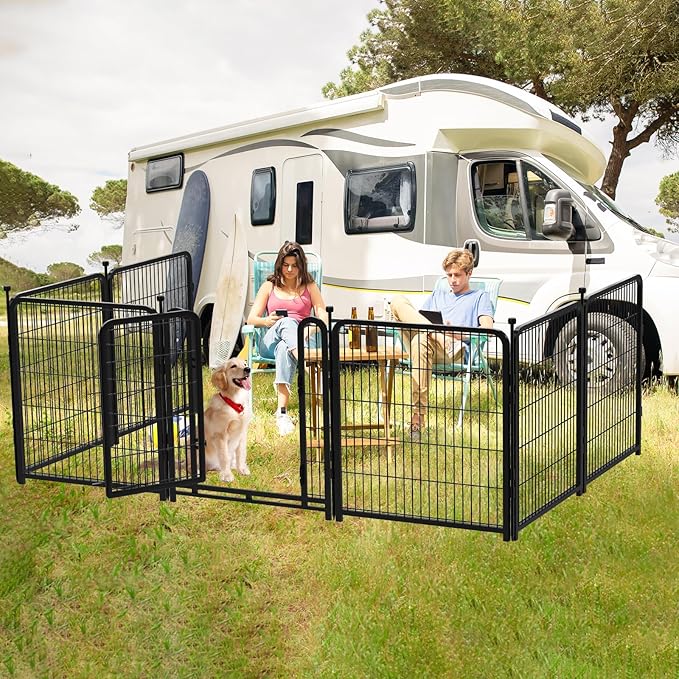Dog Playpen 48 inch(H) 8 Panels Total 17.7 Ft(L) Dog Fence Outdoor for Yard. Wide Door Low Thresholdï¼_etal Dog Pen Heavy Duty Pet Puppy Exercise Pen for Rv Camping Garden Yard