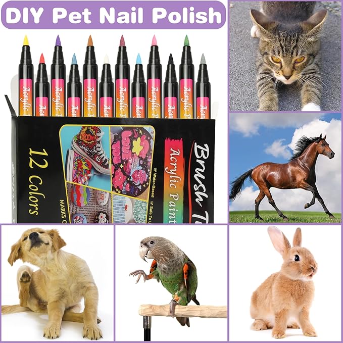 Dog Nail Polish Pens, 12 Colors Nail Polish Set Pet Pens Quick Dry, Dog Claw Care Nail Polish, Waterproof Acrylic Paint Pens for DIY Pet Nails, Odorless, Easy to Apply