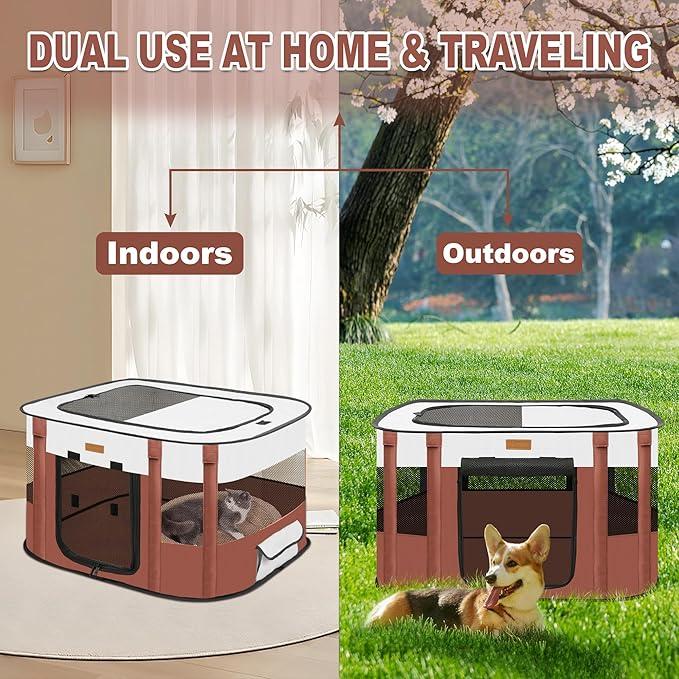 Dog Playpen - Foldable Cat Play Pens for Pubby, Kitten, Rabbit, Portable Pet Tent with Carring Bag for Indoor/Outdoor Travel Camping (Brown-Medium)