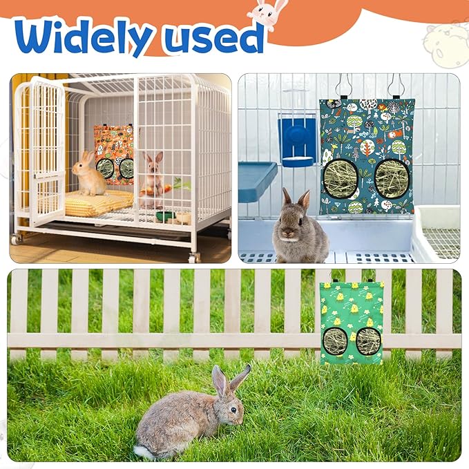 3 Pcs Rabbit Hay Feeder Bag, 2-Hole Hanging Hay Feeder Guinea Pig Hay Bags Washable Bunny Hay Bag for Rabbits Chinchillas Hamsters Small Pets and Animal (11.8"×8.7")