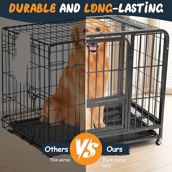 31 Inch Dog Crates for Small Medium Dogs Pets Indoor, Indestructible Enhanced Cage Kennel with 3 Doors, Wheels and Removable Tray, Heavy Duty Escape Proof Carrier, 31 x 21 x 29 Inch