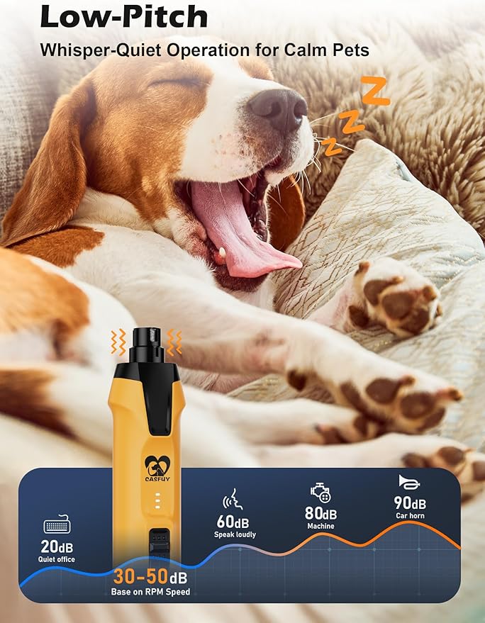 Casfuy 6-Speed Dog Nail Grinder 50%+ Boost Power Dog Nail Trimmers Quiet with Dust Cap & 2 LED Lights & 2000mAh Battery & 4.8V Motor Electric Pet Toenail File Tool for Large Medium Small Dogs Cats