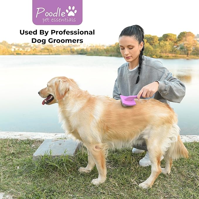 POODLIE Slicker Brush for Dogs - Detangling Dog Brushes for Grooming with Soft Bristles & Long Pins - Professional Cat Deshedding Tool to Removes Tangles & Dirt (Large)