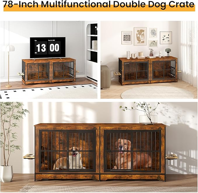 78'' Dog Crate Furniture with 4 Dog Bowls, Extra Large Double Dog Kennel with 360° Rotating and Adjustable Height Bowl Holder, Wooden Dog Crate Kennel with Divider for Dogs (Brown)