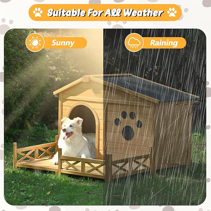 48" Wooden Dog House,Dog Kennel with Wide Porch,Water-Resistant Asphalt Roof and Fence,Indoor & Outdoor Dog Crate W/Paw Print Design,Easy Assembly & Cleaning,for Medium Dogs,Natural