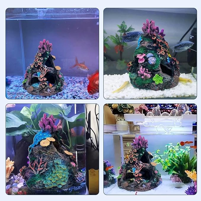 PINVNBY Coral Aquarium Decoration (Size: 6.3 x 4.7 x 4.7 inches) Small Fish Tank Decorations Resin Rock Mountain Cave Ornaments Betta Fish Hideout House for Beta Sleep Rest Hide Play Breed