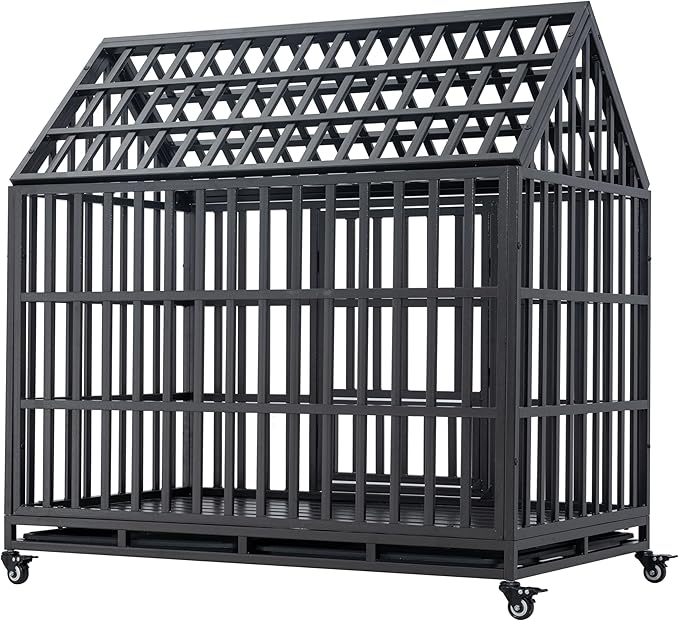 48inch Metal Heavy Duty Dog Cage with Door and Roof Doors of 2 Patent Latches,Pet Crate Doggy Kennel,w/ 2 Plastic Pans & 4 Lockable Caster Wheels,for Large or Medium Size Pets,Black