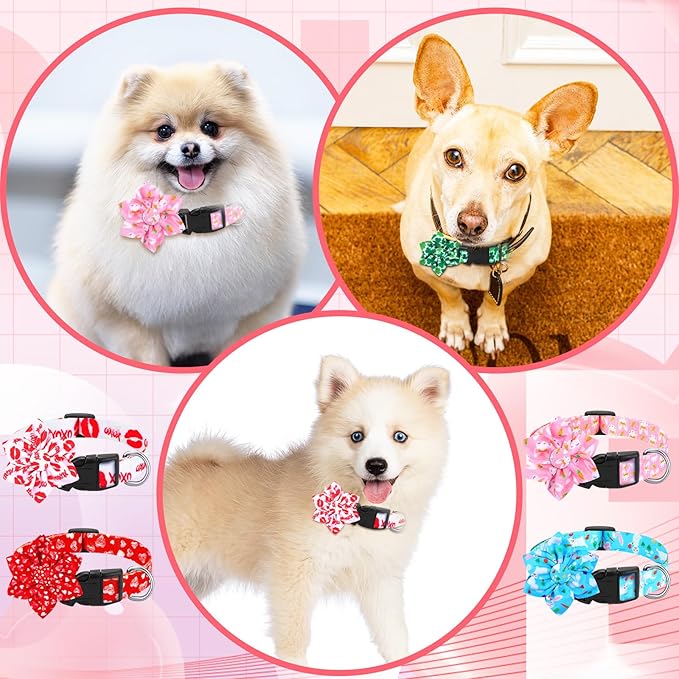 6 Pcs Valentine's Day Dog Collar with Flower Adjustable Valentine's Day Loving Heart Printed Collar for Dogs Holiday Safety Buckle Nylon Dog Collar for Female Male Small Medium Large Pet Dogs(Small)