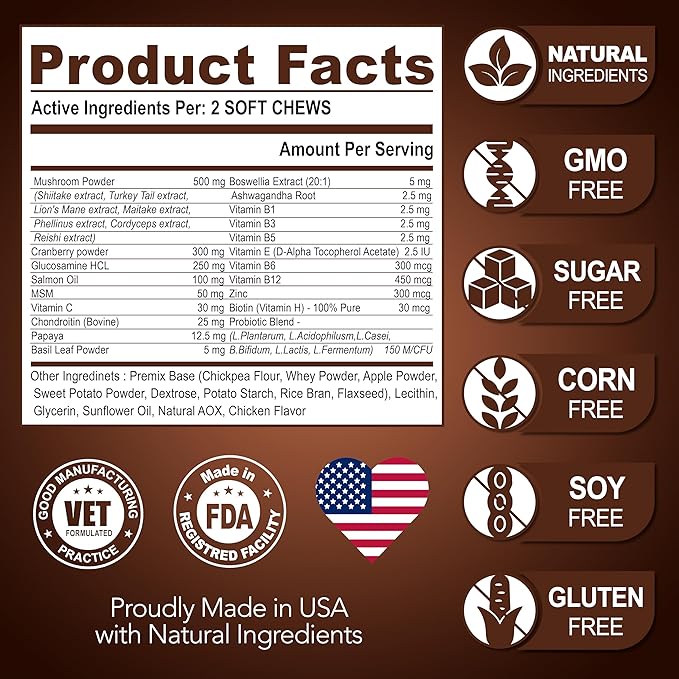 (2 Pack) Mushroom for Dogs - 340 Chews - Turkey Tail - Mushroom Supplement for Dogs - Lions Mane - Reishi - Immunity Support Multivitamin Vitamins - Joint Health - Energy - Gut - Skin - Made in USA