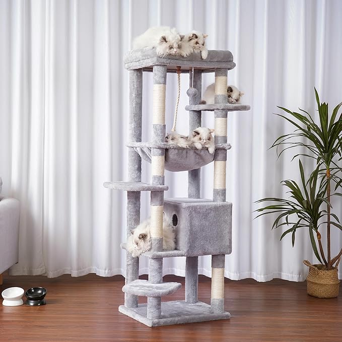 Heybly Cat Tree for Large Cats 20lbs Heavy Duty,60 inches XXL Cat Tower for Indoor Cats, Multi-Level Furniture Condo with Big Padded Plush Perch, Cozy Basket, Light Gray HCT050W