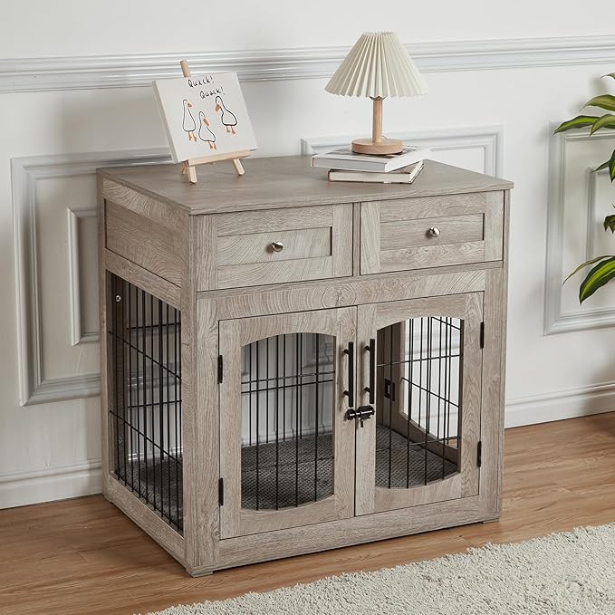 Dog Crate Furniture with Double Drawers, Wooden End Table Dog Kennel, Furniture Style Wood House Crate for Small/Medium/Large Dogs, Decorative Dog Crate with Storage for Large Breed, 32 Inch,Gray