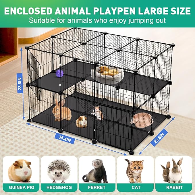 41 Panels Pet Playpen, Small Animal Playpen with 2 Doors, C&C Cage for Guinea Pigs, Rabbit, Bunny, Chicken, Hedgehogs, Puppy Play Pen Indoor Outdoor, Two-Story Metal Chicken Play Pen