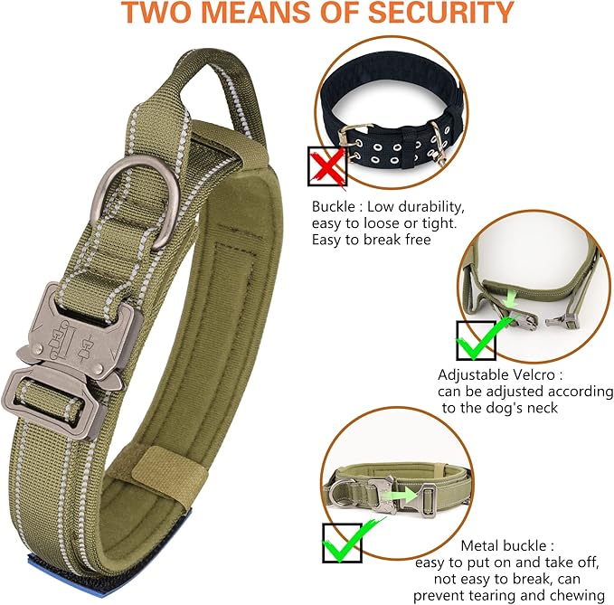 KCUCOP Tactical Dog Collar, Heavy Duty Dog Collar with Handle and Metal Buckle, Military Thick Dog Collars for Medium and Large Dogs(Green-Reflective Set-L, 1 Patch)