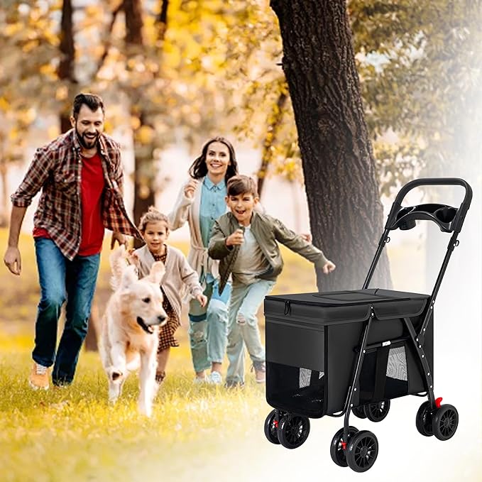 Pet Stroller,Foldable Dog Cat Cage Jogger Strolle,Extra Large 4 Wheels Carrier Jogger Travel Dog Stroller Breathable Mesh with Storage Basket and Cup Holder for Small Medium Dog Cats(Black)
