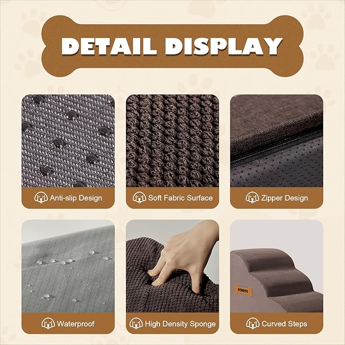 Romrol Dog Stairs Ramp for Beds Couches, Extra Wide Pet Steps with Durable Non-Slip Waterproof Fabric Cover, Pets Slope Stairs, 3-Tiers,Coffee
