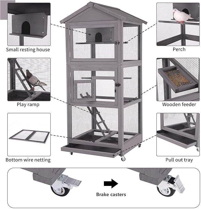 Aivituvin Outdoor Bird Cage Large Wooden Bird Aviary with Perch for Parakeet,Macaw and Any Small Birds,Wire Netting Above The Tray,Prevent Escape