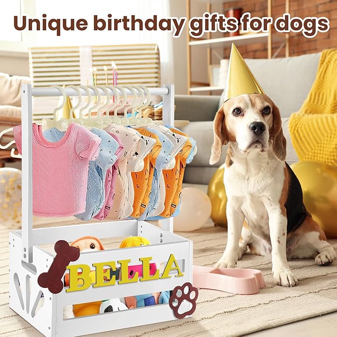 20" x 13" x 9" Wooden Pet Wardrobe Closet Crate Box with Hanging Rods and Personalized Pet Alphabet Letters Easy Assembly Baskets for Dog Cat Toys Clothes Accessories (White)