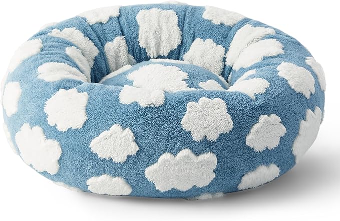 Lesure Donut Small Dog Bed - Round Cat Beds for Indoor Cats Calming Pet Beds, Cute Modern Beds with Jacquard Shaggy Plush & Anti Slip Bottom, 30 Inch, Blue