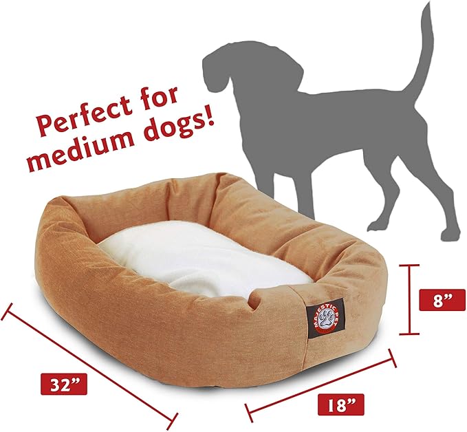 Majestic Pet 32 Inch Poly-Cotton Sherpa Calming Dog Bed Washable 32x18x8 (inch) Cozy Soft Round Donut Dog Bed with Spine for Head Support - Pet Bed Medium - Khaki