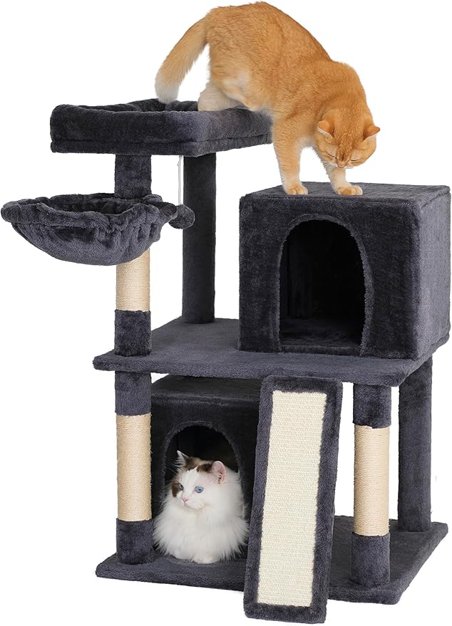 Ouritsu Cat Tree, 35 inch Cat Tower for Large Cat Indoor, 1 Widened Top Perch, 2 Enlarged Condos, Fluffy Basket, Scratching Posts and Ramp, Dark Gray, MF002DG