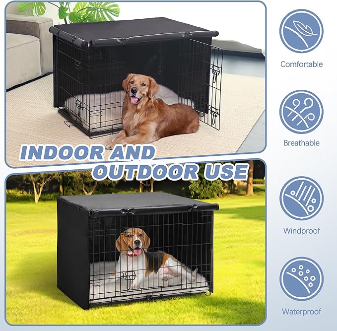 Akinerri Dog Crate Cover - Double Door Waterproof Pet Kennel Cover, Durable 600D Polyester Protective Cage Cover for 24/30/36/42/48 Inch Dog Crate - Black