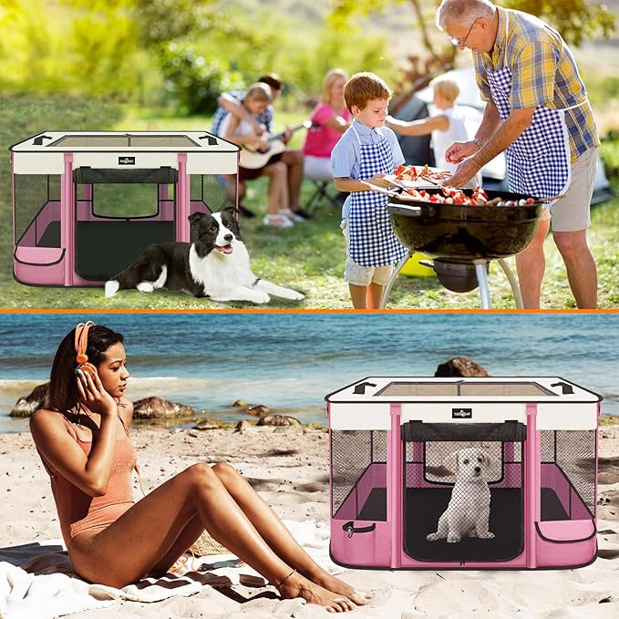 Foldable Pet Kitten Playpen, Upgrade Waterproof Portable Cat Dog Playpen Kennel Tent for Small Dog Cat, Removable Shade Cover, Come with Free Carrying Case, Indoor Outdoor Use for Small Pet, Pink