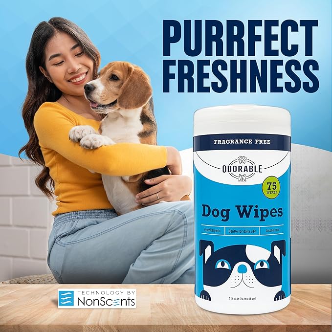 Dog Grooming Wipes - 75 Fragrance-Free Cleaning Wipes for Dogs & Puppies - Advanced Odor Neutralization for Paws, Body & Butt - Safe & Gentle for Pets, Alcohol-Free Pet Care