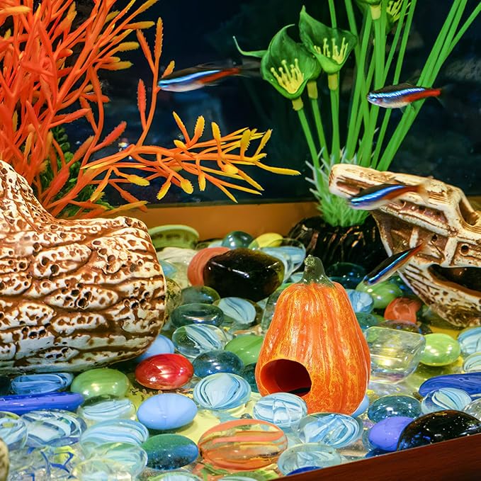 POPETPOP Resin Pumpkin Aquarium Décor Ornaments, Fish Tank Safe Decorations, Small Turtles Hiding Hole Cave, Table Decor Reptile Box Shelter Habitat -Thin Pumpkin