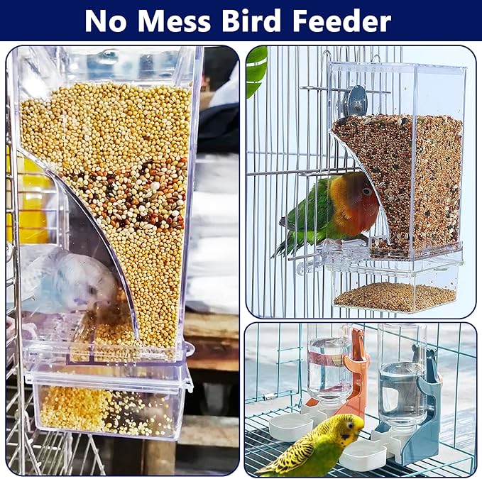 VERTUPET No Mess Bird Feeders with Water Dispenser Automatic Transparent Acrylic Food Container Drinker for Cage Automatic Parrot Feeder Seed Container Cage Accessories (Orange)