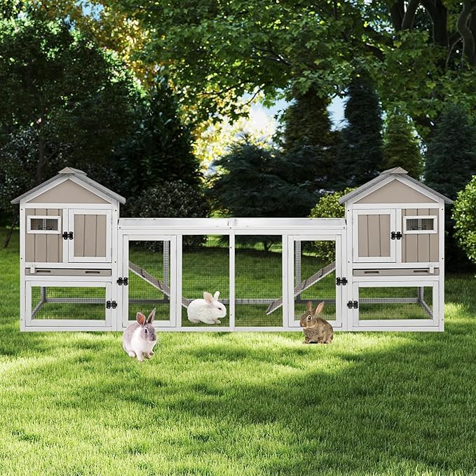 46.5" L Rabbit Hutch Indoor Outdoor Rabbit Cage with Run, Pull Out Tray, Asphalt Roof Large 2 Story Bunny Hutch Wooden Chicken Coop Guinea Pigs Pet House Cage for Small Animals,Grey