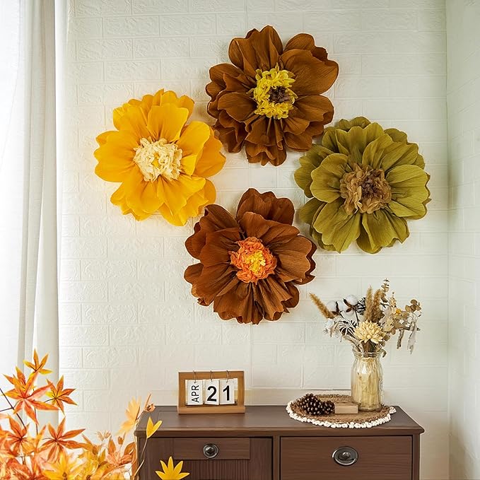 4 PCS 20" Brown Yellow Giant Paper Flowers Boho Baby Shower Party Decorations Thanksgiving Fall Autumn Large Tissue Pom Poms Neutral Floral Rustic Crepe Paper Flowers for Wall Birthday Wedding Garden