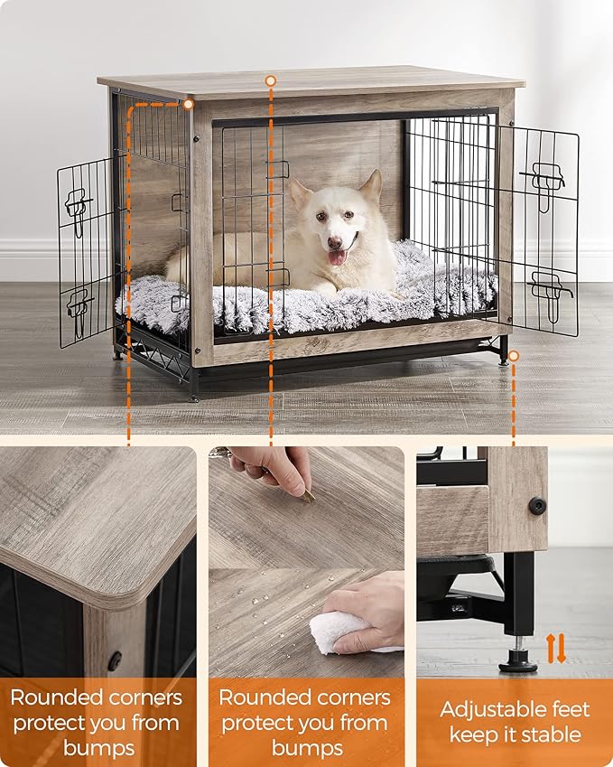 Feandrea Dog Crate Furniture, 32.5" Side End Table, Modern Kennel for Dogs Indoor up to 45 lb, Heavy-Duty Dog Cage with Multi-Purpose Removable Tray, Double-Door Dog House, Greige UPFC002G01