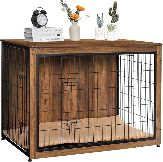DWANTON Dog Crate Furniture with Cushion, Wooden Kennel Table with Double Doors, Indoor Dog House, Extra Large, 43.3" L, Warm Brown