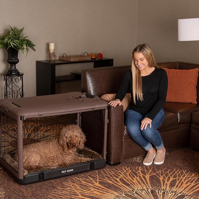 Pet Gear _he Other Door 4 Door Steel Crate for Dogs/Cats with Garage-Style Door, Includes Plush Bed + Travel Bag, No Tools Required, Espresso