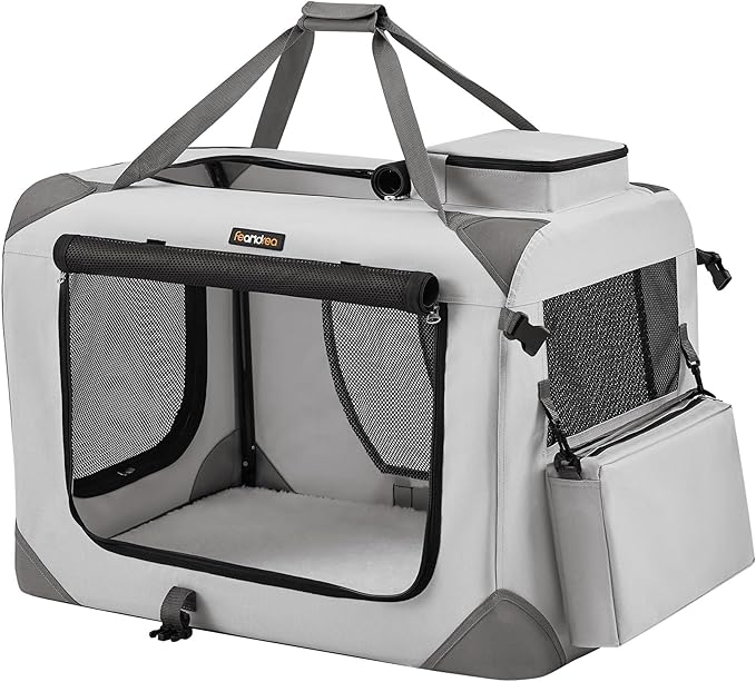 Feandrea 28 Inches Collapsible Soft Dog Crate, Portable Travel Dog Crate for Indoor and Outdoor Use, Dog Carrier Kennel with Safety Zippers, for Living Room, Car, Travelling, Smoke Gray UPDC070G02