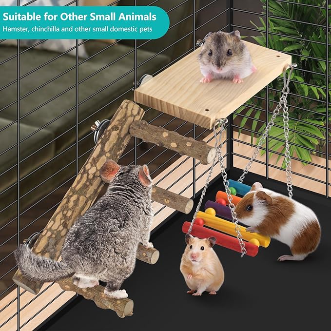 3in1 Bird Chewing Toys for Small Animal, Wooden Ladder Perch for Cage, Parrot Platform Colourful Swing Hammock Bridge Climbing Exercise Cage Accessories for Budgies Cockatiels Lovebirds Hamster