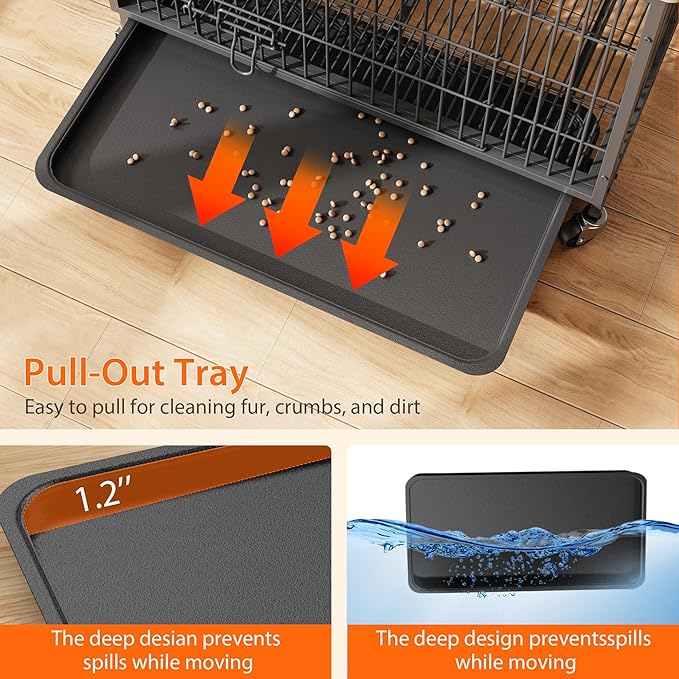 Large Dog Crate Furniture, 38.6" L x 25.6" W x 26.8" H, Indoor Pet Crate with Double Doors, Removable Tray and 360° Wheels, Wooden Countertop Dog Kennel, Gray+Black