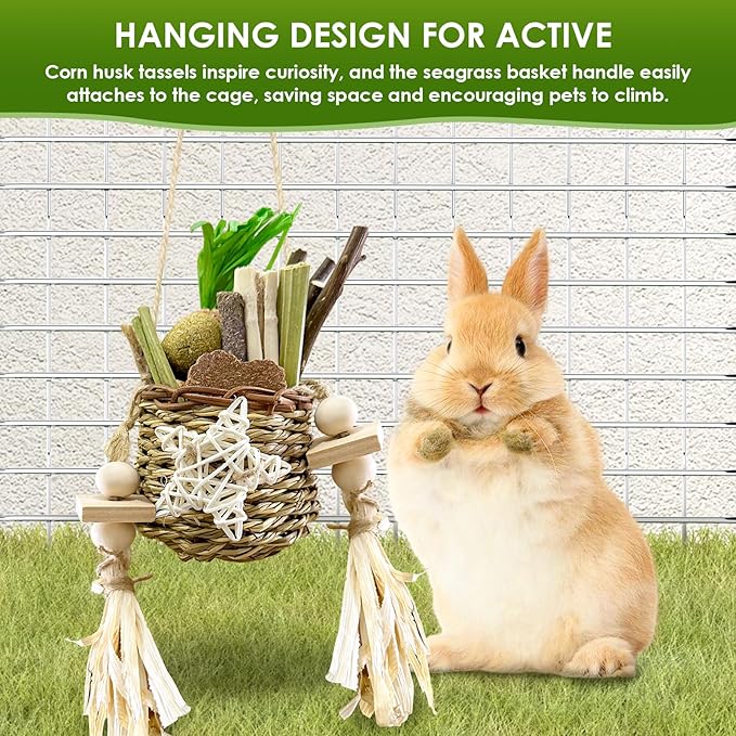 26Pcs Rabbit Toys for Bunny Boredom Basket for Small Pets, with 14Pcs Replacement Set Hanging Rodent Dental Toy with Papaya Stems Sweet Bamboo Hamsters, Chinchillas, Guinea Pigs