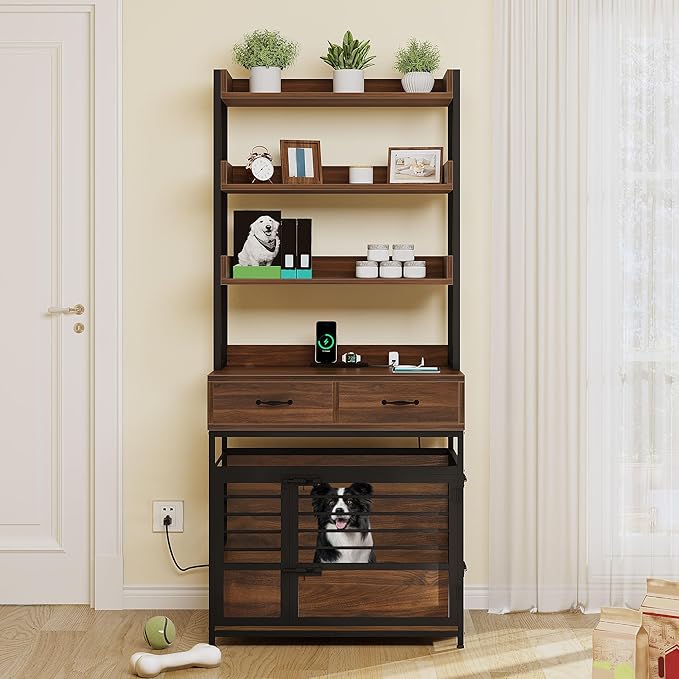 DWVO Dog Crate Furniture with Storage Shelves, Heavy Duty Dog Crate with Drawers & Charging Station, 32 Inch Dog Kennel Indoor Furniture for Medium Dogs, Modern Dog Crate with Double Doors, Brown