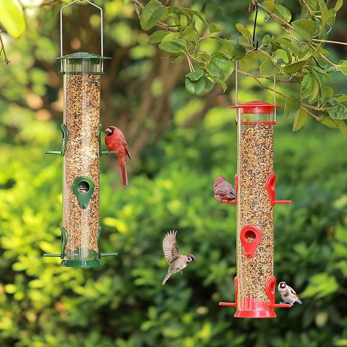 2 Packs Bird Feeder Tube Hanging Feeders, 6 Port Wild Bird Feeders Premium Hard Plastic with Steel Hanger Weatherproof and Water Resistant Great for Attracting Birds 18.2 Inches Large (Red + Green)