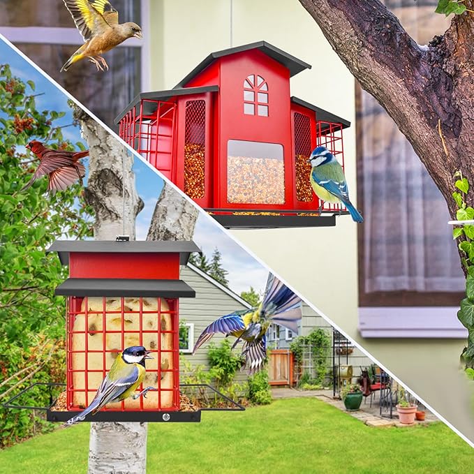 Large Bird Feeders for Outdoors Hanging,Metal Bird Feeder with Double Suet Cage Cake,Sturdy & Weatherproof,Easy to Clean & Refill,4.6Lbs Large Capacity, Great for Attracting Wild Birds,Red