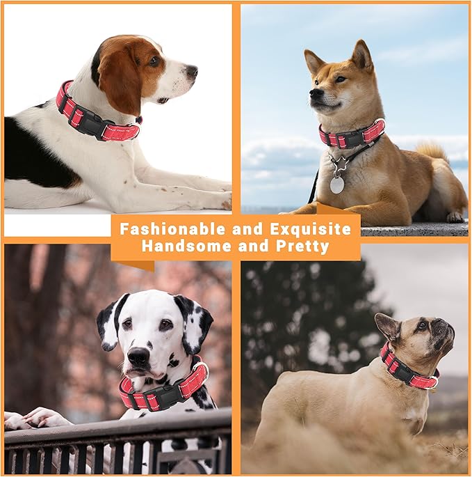 2 Pack Reflective Dog Collar with Safety Locking Buckle, Adjustable Soft Breathable Comfortable Nylon Pet Collar for Small, Medium and Large Dogs, Red, M