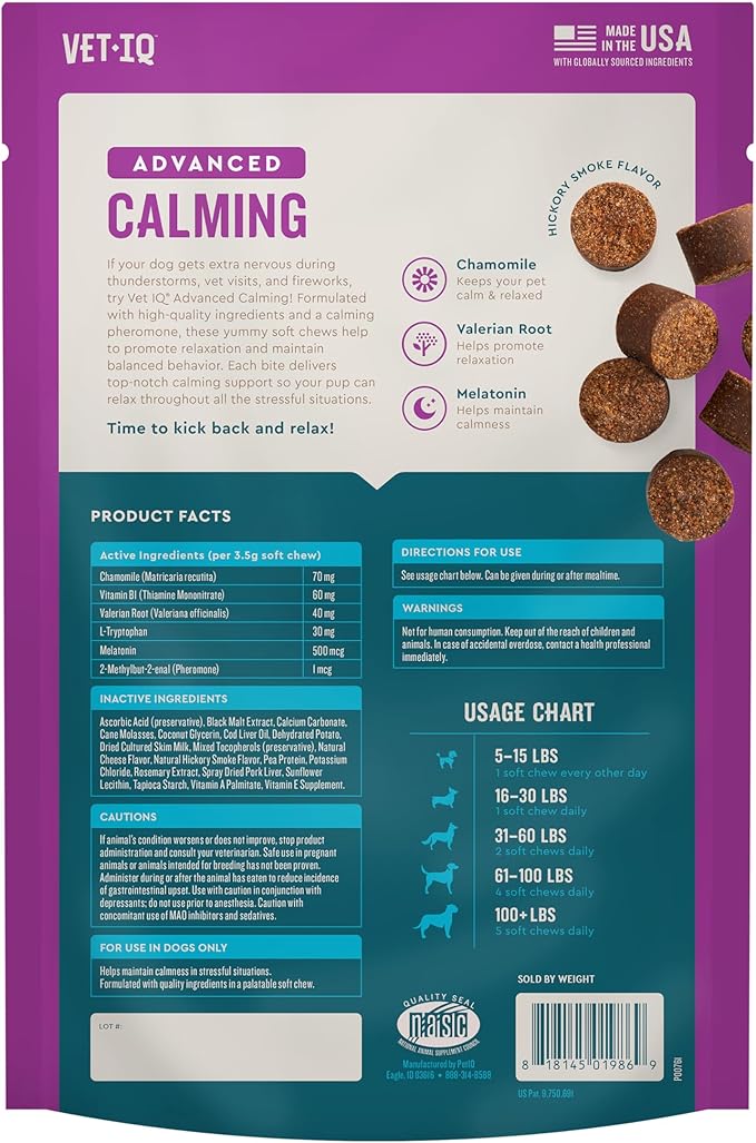 VetIQ Advanced Calming Support Supplement for Dogs, Calming Chews Help Manage Stress and Promote Relaxation, Anxiety Relief for Dogs, Made in The USA, 60 Count