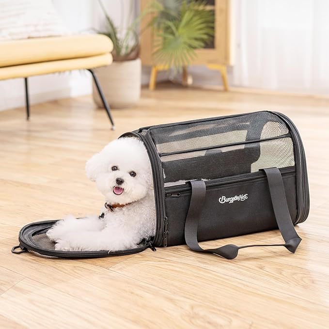 BurgeonNest Soft-Sided Dog Carrier Airplane Approved for Small Dogs Side-Expandable Pet Cat Carrier,Lightweight Puppy Purse 0-15 lbs, 17.7x11x11 Inchs Up to 16lbs, Black