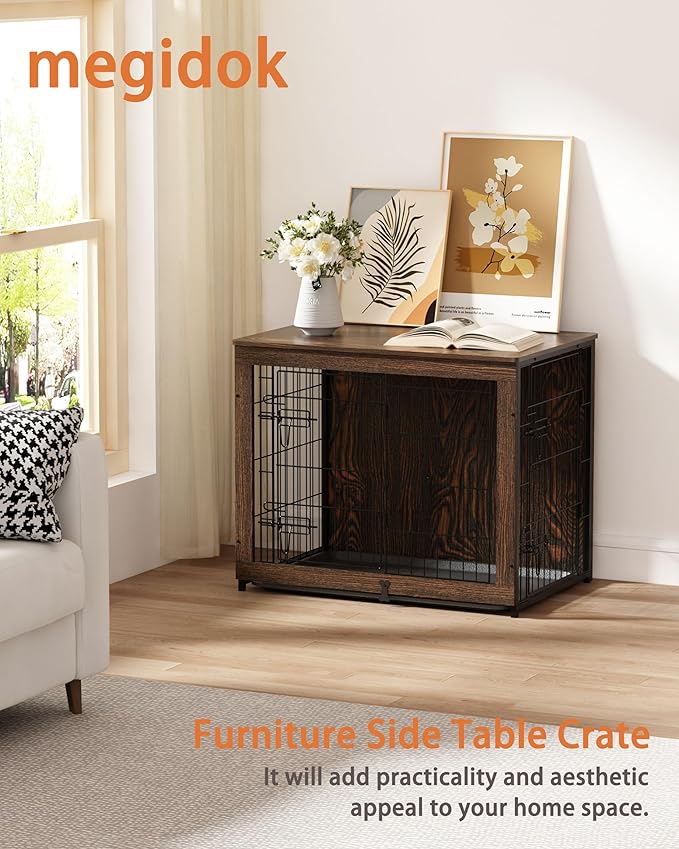 Megidok Wooden Dog Crate Furniture with Cushion, Dog Crate End Table with Tray, Double Doors Dog Crate(M:32"L*22" W*26"H, Rustic Style)