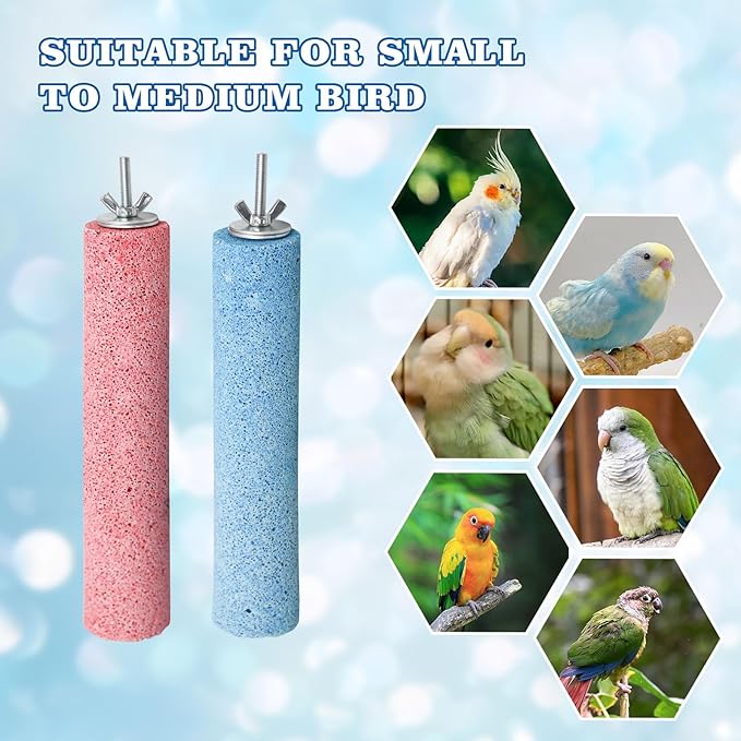 Dual-Textured Bird Perch, 2-Pack – Chewable Mineral Stone & Metal Rod Stand for Small/Medium Birds | Cage Mounted Perches for Beak Grinding, Claw Trimming (Blue & Pink)