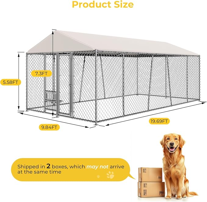 10 x 20FT Large Outdoor Dog Kennel with Bowls, Dog Kennel Outside with Waterproof Cover Roof, Galvanized Heavy Duty Chain Link Dog Runs Cage Playpen for Outside with Secure Lock