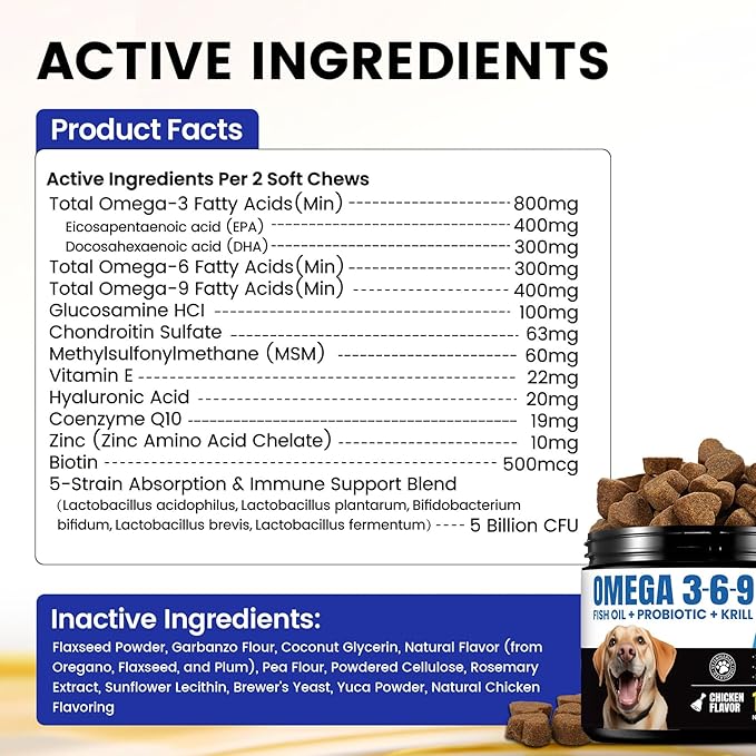 Fish Oil for Dogs – Dog Fish Oil Supplement with Salmon Oil from 8 Deep-Sea Fish, Rich in DHA & EPA for Skin & Coat Health, Allergy Relief, MSM, Plus Probiotics for Gut – 180 Soft Chews